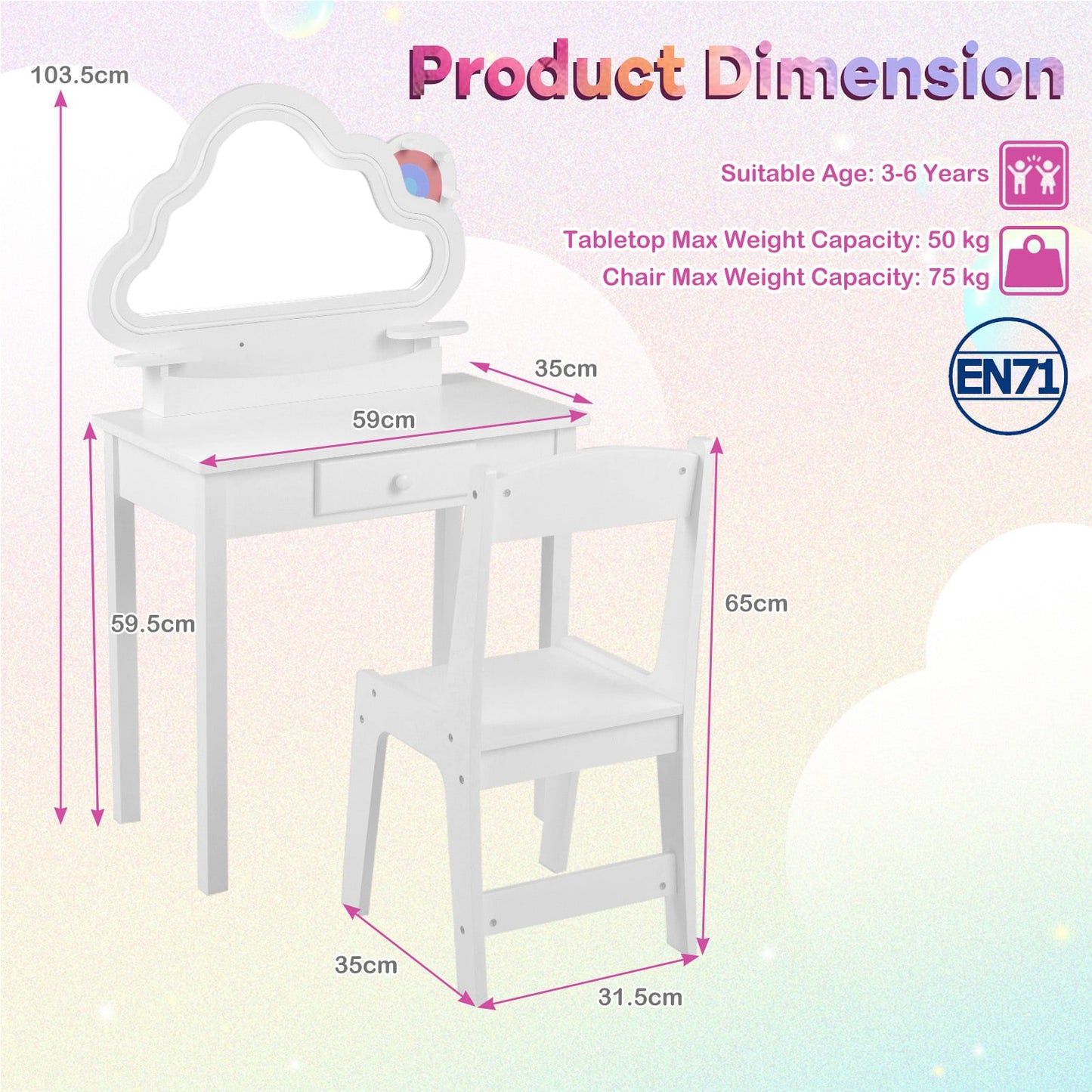 Kids Vanity Set with Lighted Cloud Mirror & Stool and Jewelry Rack for Girls-White