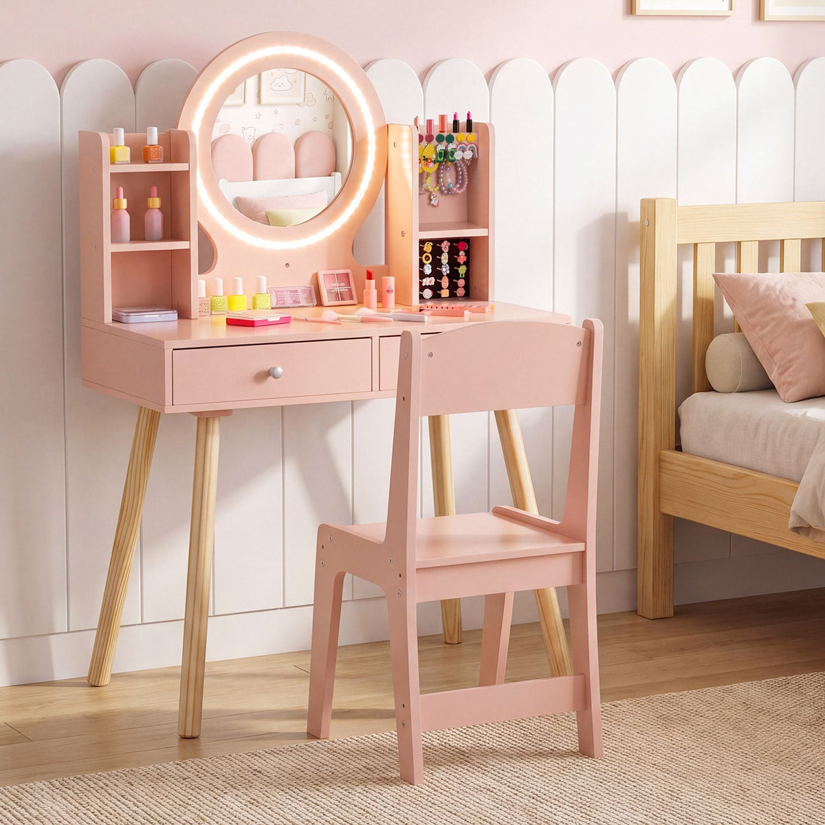 Kids Vanity Set with Lights Princess Vanity Desk Set with LED Lighted Mirror Storage Shelves-Pink