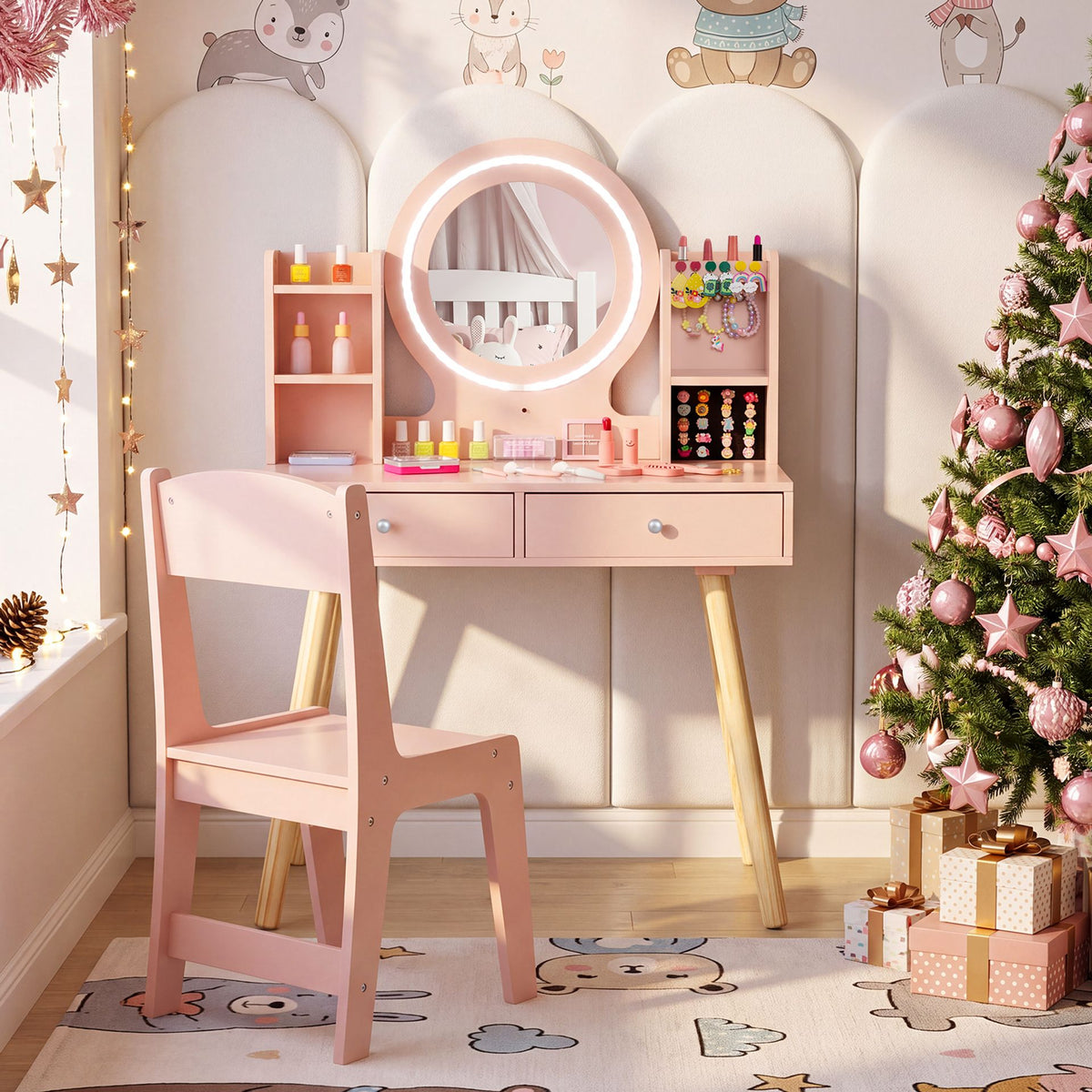 Kids Vanity Set with Lights Princess Vanity Desk Set with LED Lighted Mirror Storage Shelves-Pink