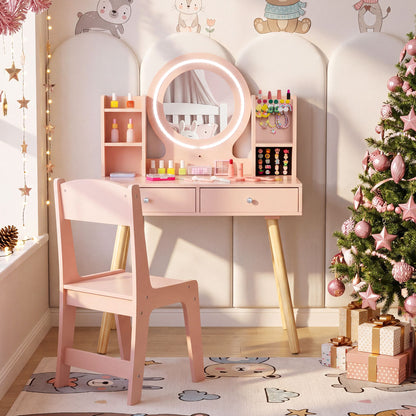 Kids Vanity Set with Lights Princess Vanity Desk Set with LED Lighted Mirror Storage Shelves-Pink