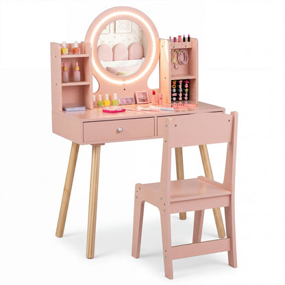 Kids Vanity Set with Lights Princess Vanity Desk Set with LED Lighted Mirror Storage Shelves-Pink