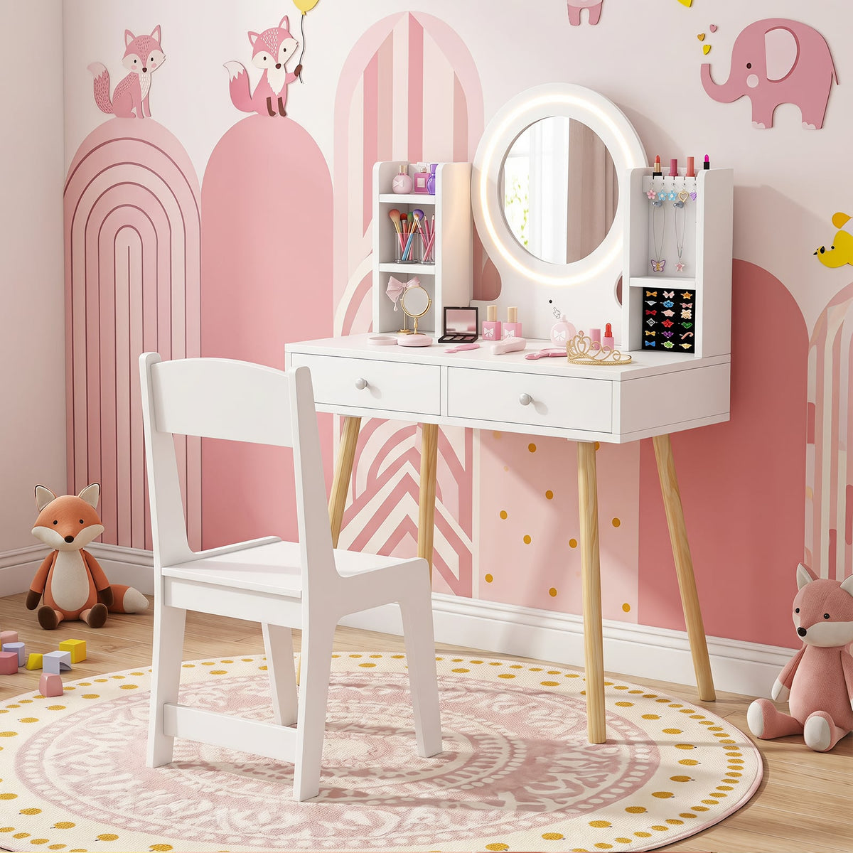 Kids Vanity Set with Lights Princess Vanity Desk Set with LED Lighted Mirror Storage Shelves-White