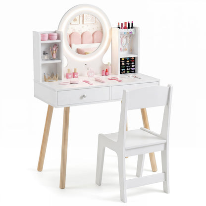 Kids Vanity Set with Lights Princess Vanity Desk Set with LED Lighted Mirror Storage Shelves-White