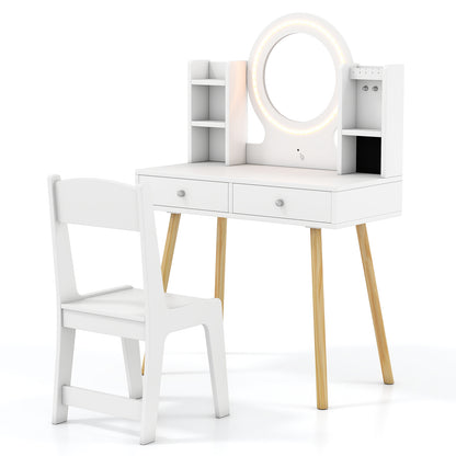 Kids Vanity Set with Lights Princess Vanity Desk Set with LED Lighted Mirror Storage Shelves-White