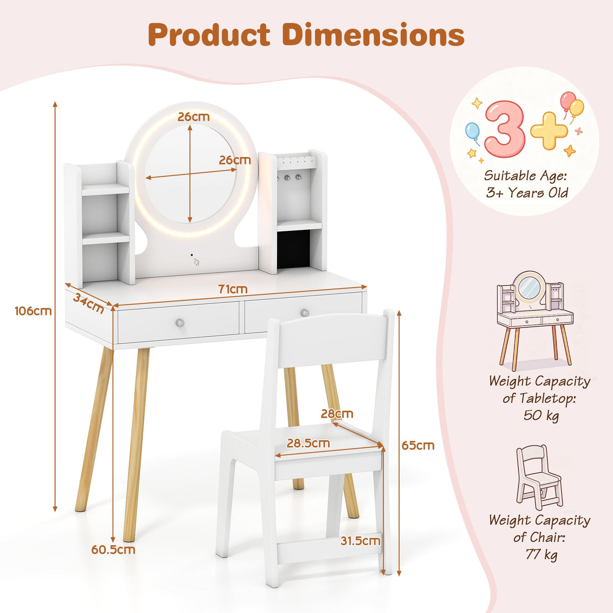 Kids Vanity Set with Lights Princess Vanity Desk Set with LED Lighted Mirror Storage Shelves-White