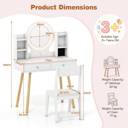 Kids Vanity Set with Lights Princess Vanity Desk Set with LED Lighted Mirror Storage Shelves-White