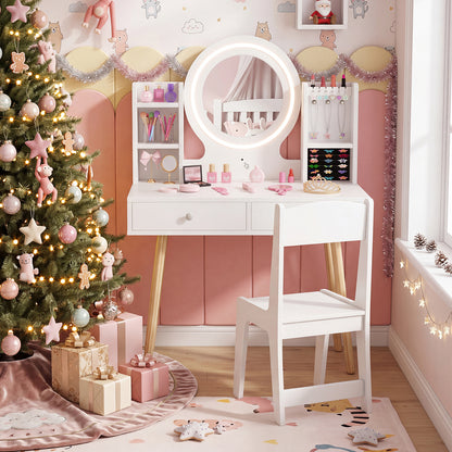Kids Vanity Set with Lights Princess Vanity Desk Set with LED Lighted Mirror Storage Shelves-White