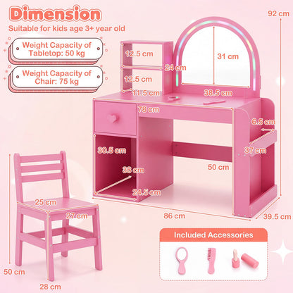 Kids Vanity Table and Chair Set with Lighted Mirror Open Storage Shelves-Sakura Pink