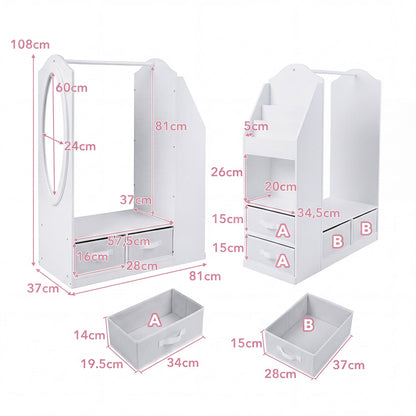 Kids Wardrobe with Full-Length Mirror Dress Up Storage Cabinet with Hanging Rack Bookshelf-White