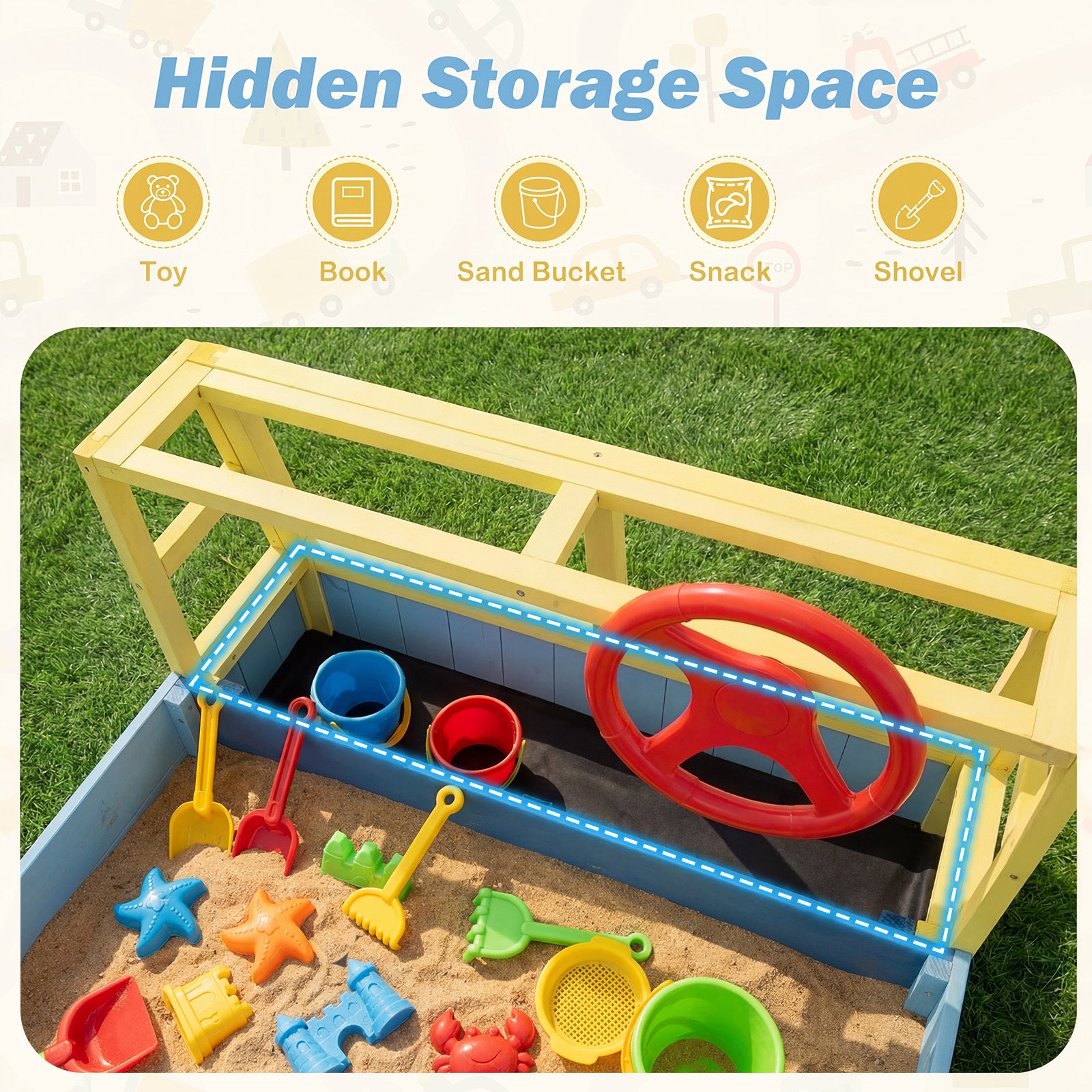 Kids Wooden Sandbox Large Car-Theme Sand Box with Bottom Liner Frame-Blue