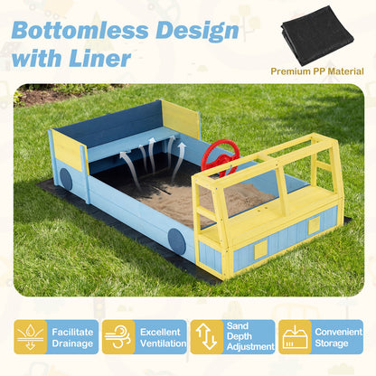 Kids Wooden Sandbox Large Car-Theme Sand Box with Bottom Liner Frame-Blue