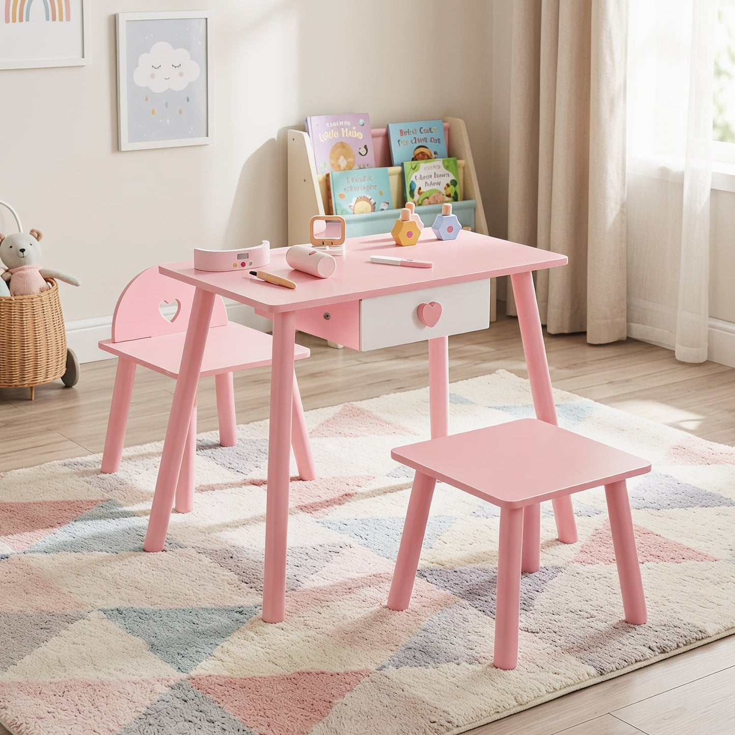 Kids Wooden Toddlers Makeup and Manicure Kit with Chair Stool and Nail Dryer-Pink