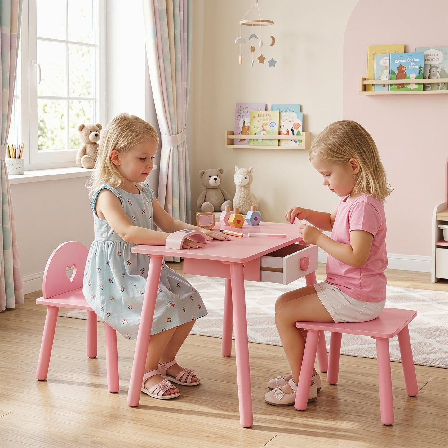 Kids Wooden Toddlers Makeup and Manicure Kit with Chair Stool and Nail Dryer-Pink