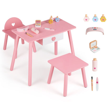 Kids Wooden Toddlers Makeup and Manicure Kit with Chair Stool and Nail Dryer-Pink