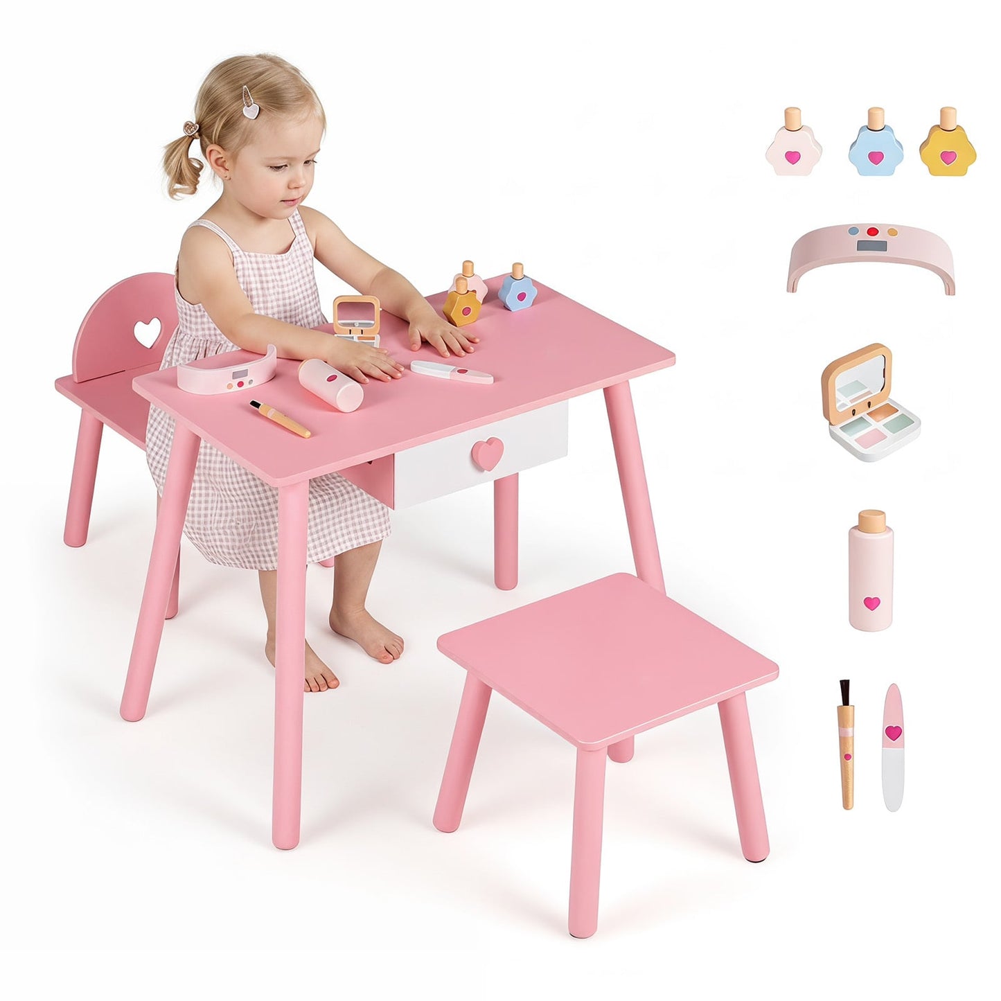 Kids Wooden Toddlers Makeup and Manicure Kit with Chair Stool and Nail Dryer-Pink
