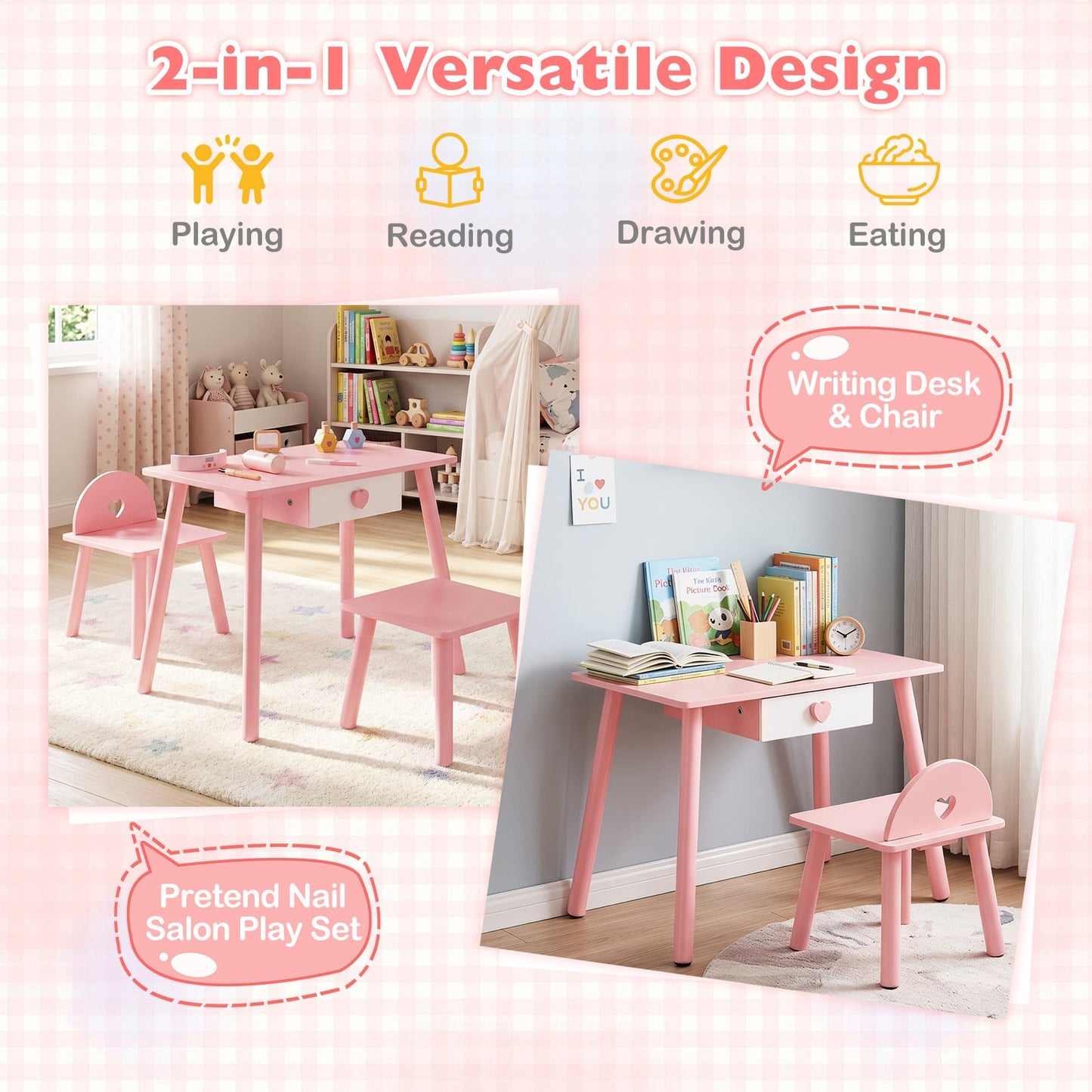 Kids Wooden Toddlers Makeup and Manicure Kit with Chair Stool and Nail Dryer-Pink