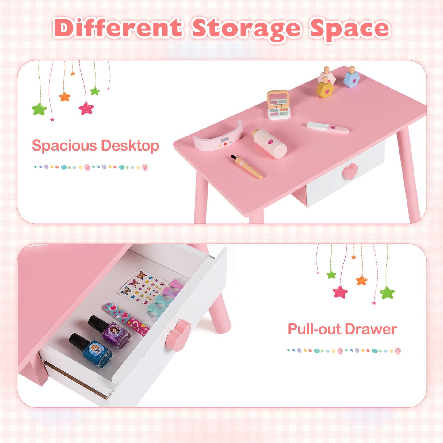 Kids Wooden Toddlers Makeup and Manicure Kit with Chair Stool and Nail Dryer-Pink