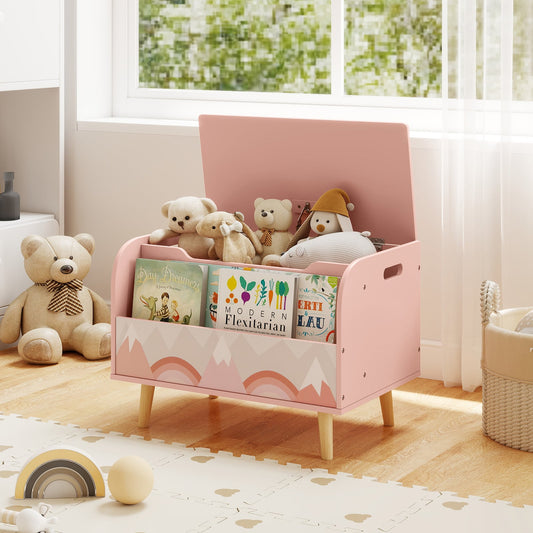 Kids Wooden Toy Box with Front Bookshelf 4 Solid Wood Legs-Pink
