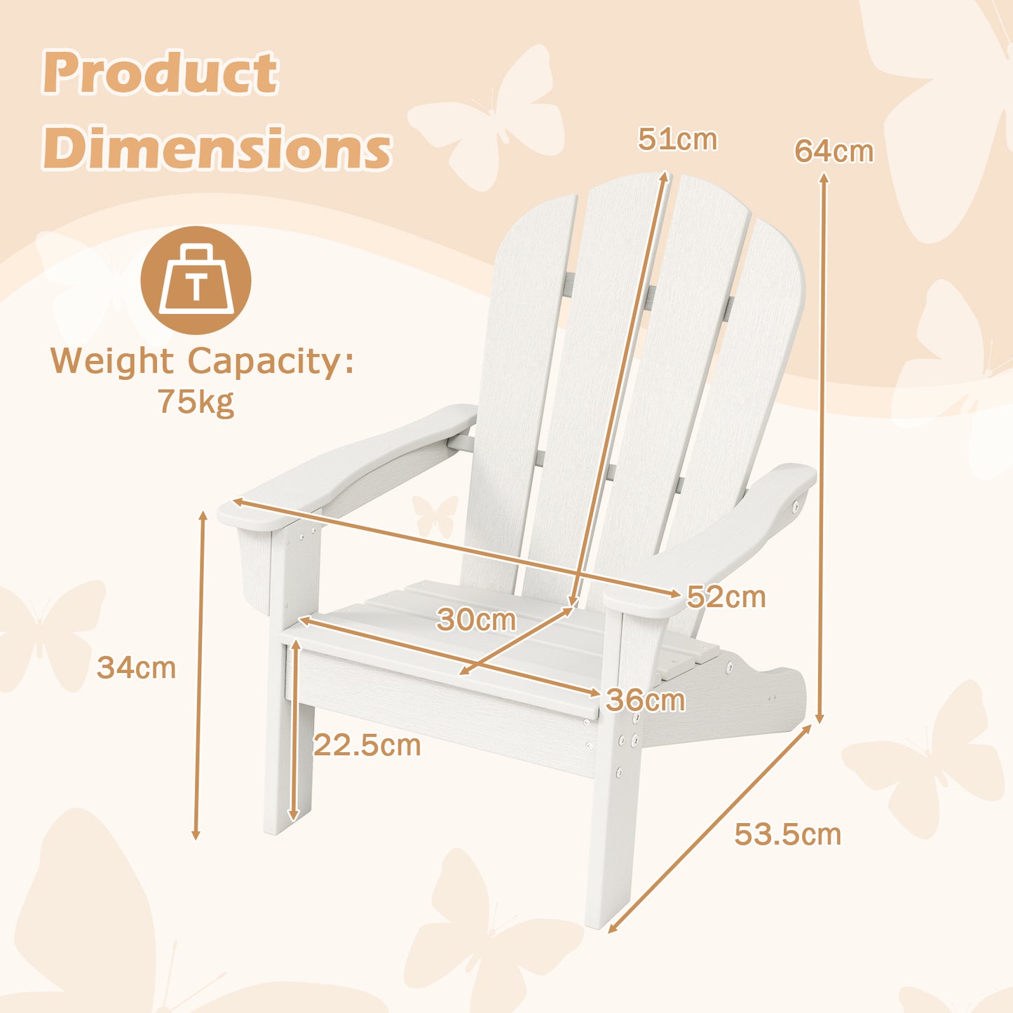 Kids Adirondack Chair All-Weather HDPE Toddler Lawn Chair-White