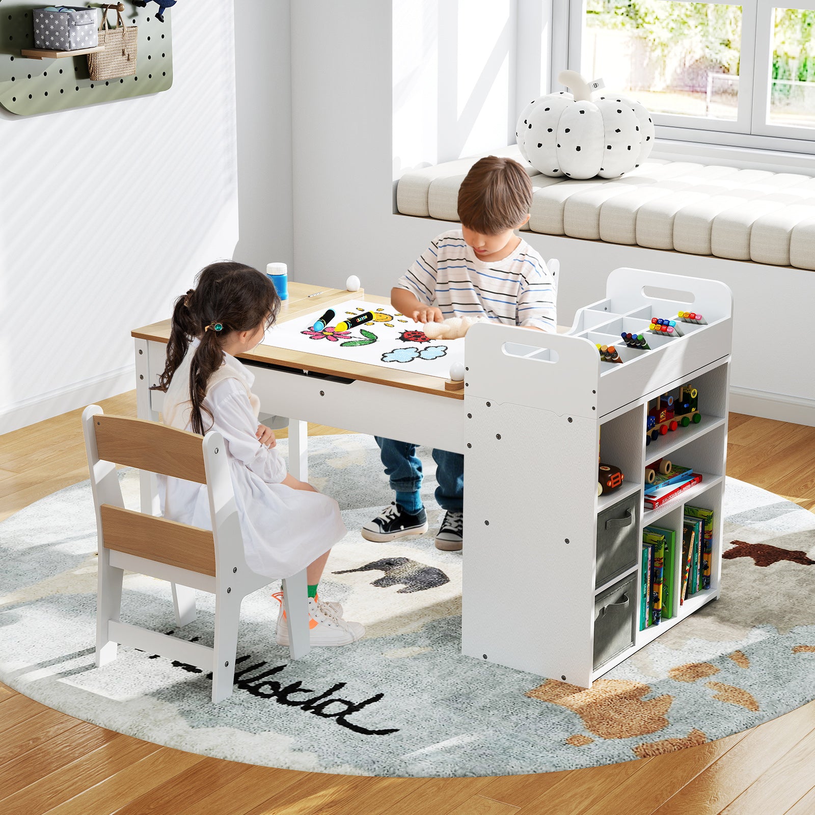Kids Art Craft Table and Chairs Set with Paper Roll Flip-up Tabletop-Natural