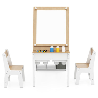 Kids Art Craft Table and Chairs Set with Paper Roll Flip-up Tabletop-Natural