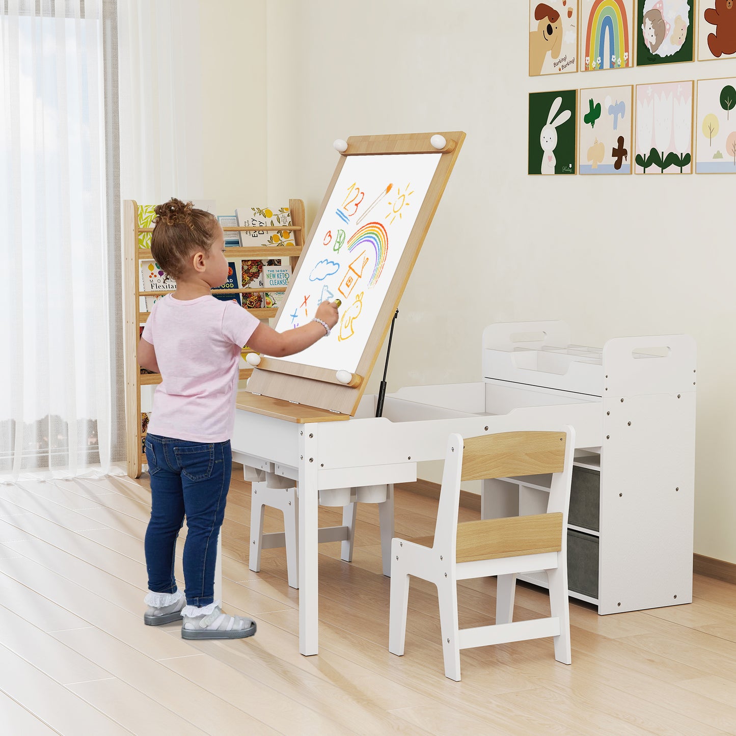 Kids Art Craft Table and Chairs Set with Paper Roll Flip-up Tabletop-Natural