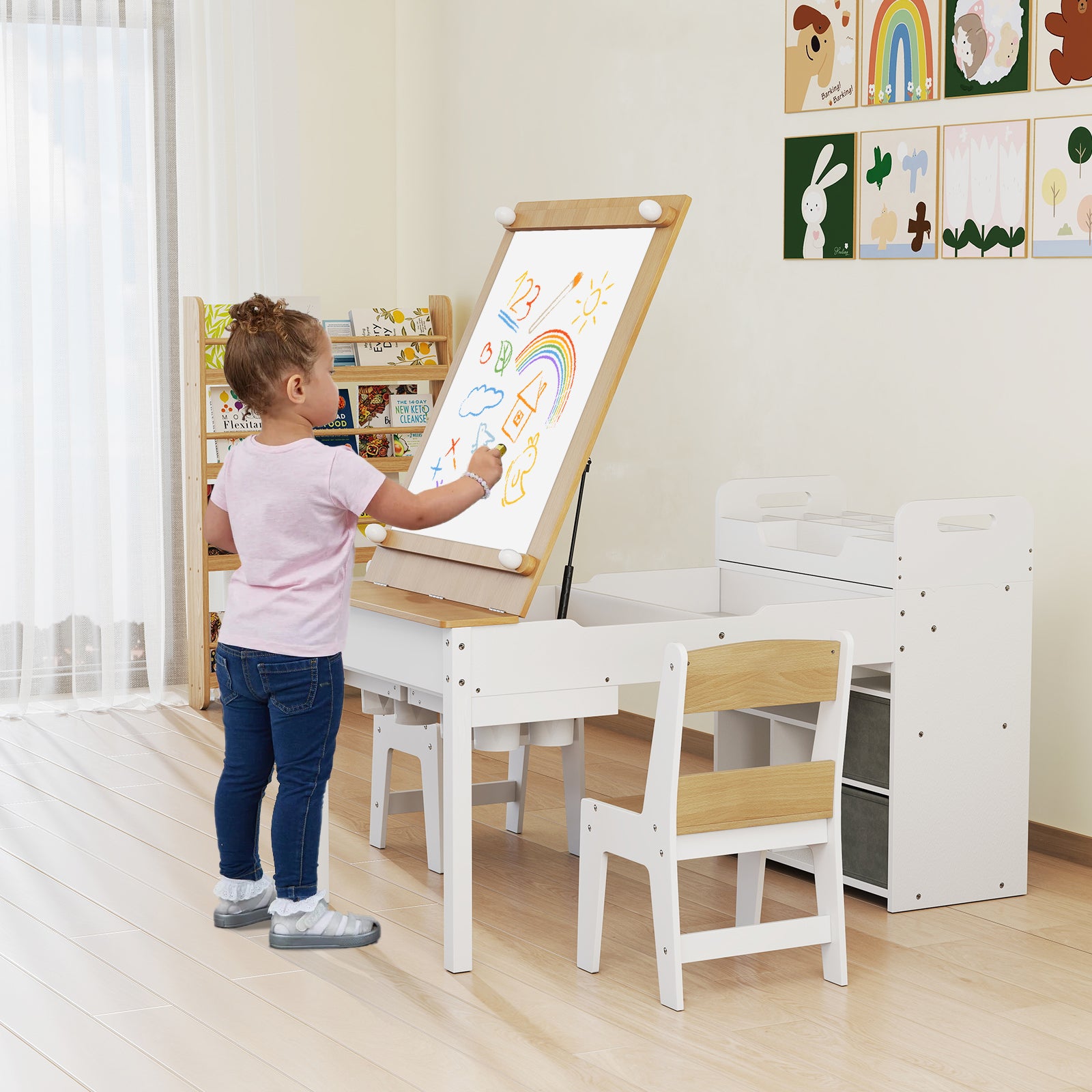 Kids Art Craft Table and Chairs Set with Paper Roll Flip-up Tabletop-Natural