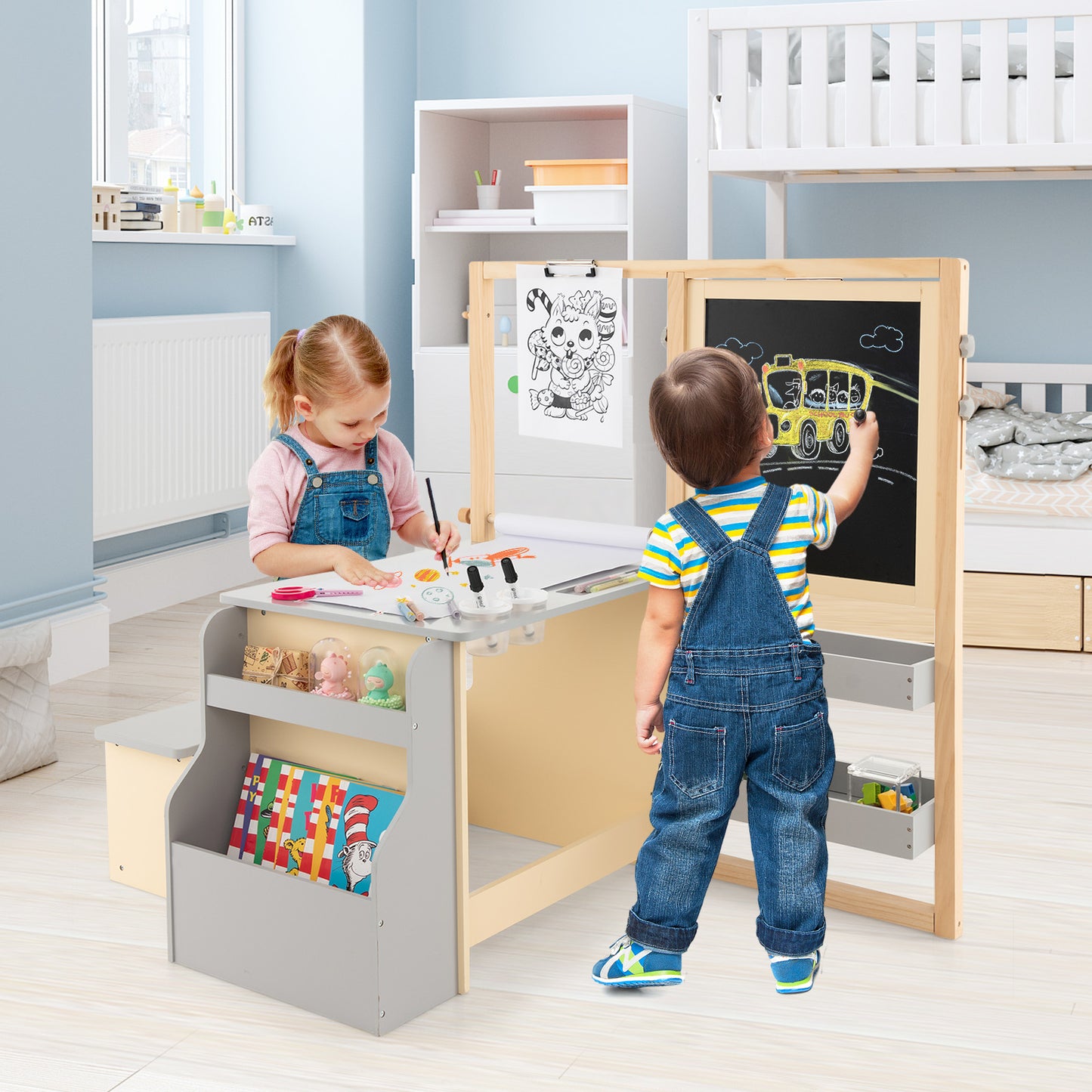 Kids Art Easel Table and Bench Set with Adjustable Easel and Bookshelf-Grey