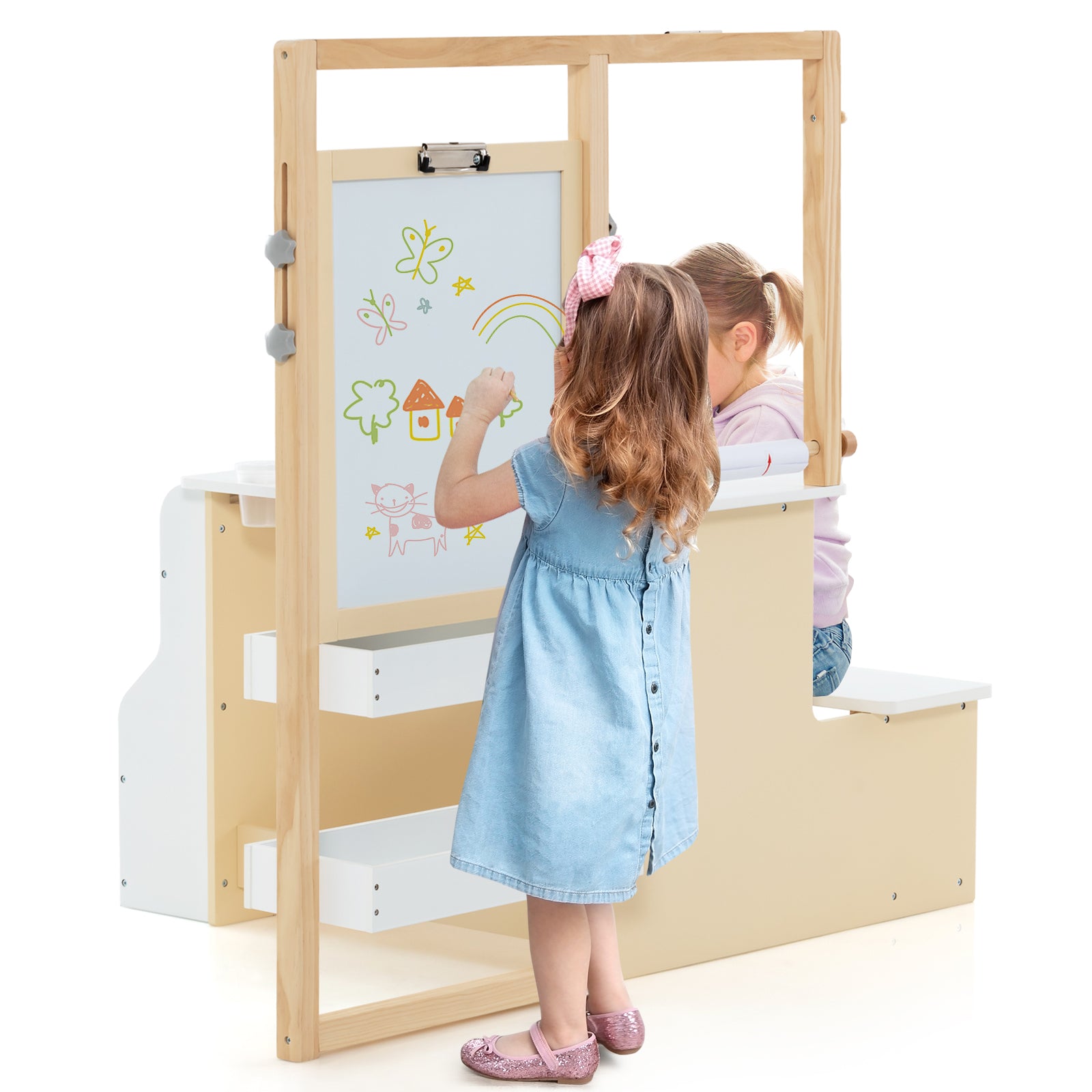 Kids Art Easel Table and Bench Set with Adjustable Easel and Bookshelf-White