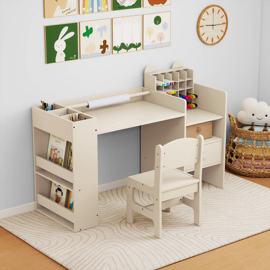 Kids Art Table and Chair Set with Removable Paper Roll Holder-Natural