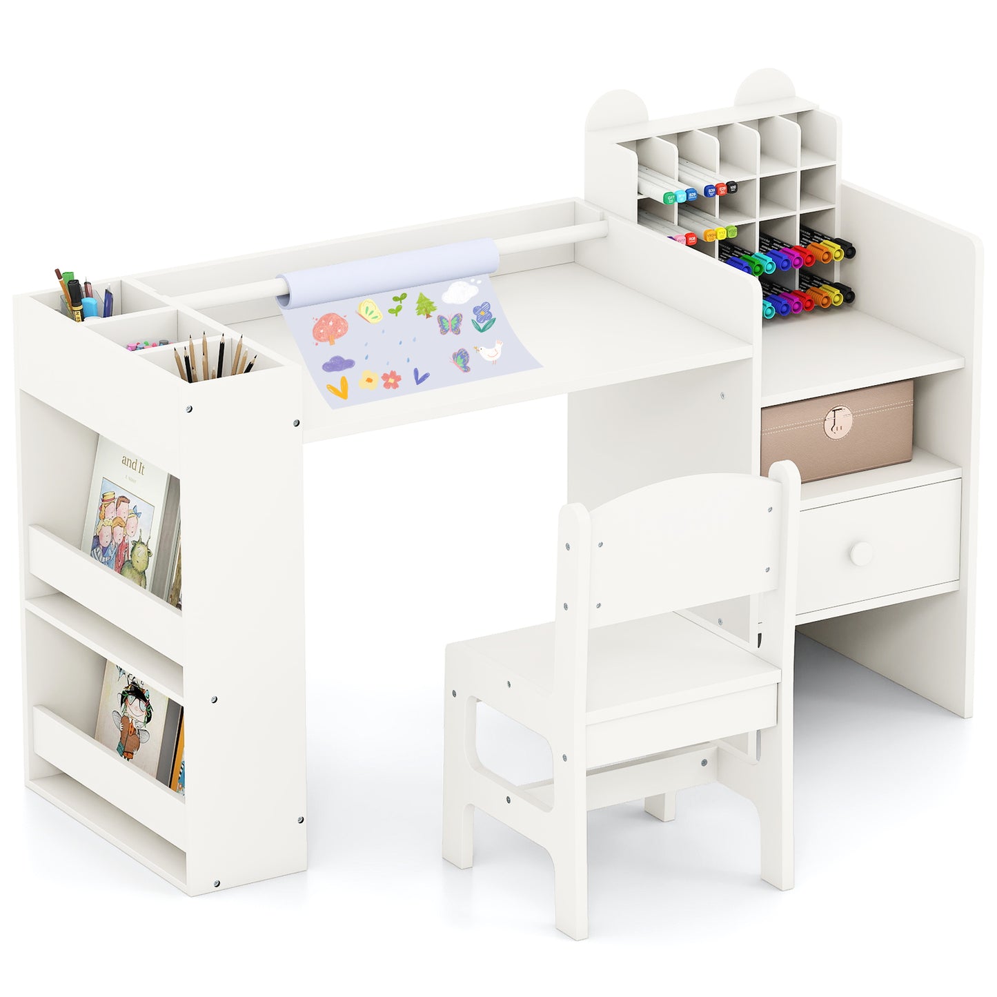 Kids Art Table and Chair Set with Removable Paper Roll Holder-White