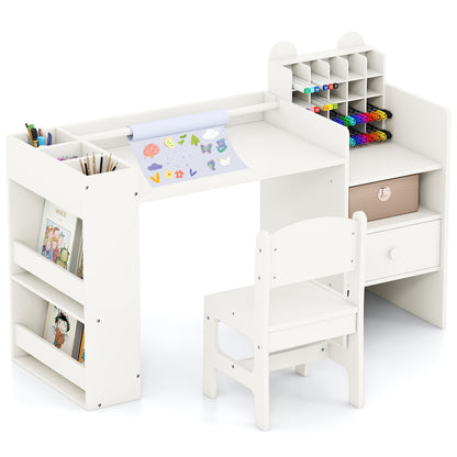 Kids Art Table and Chair Set with Removable Paper Roll Holder-White