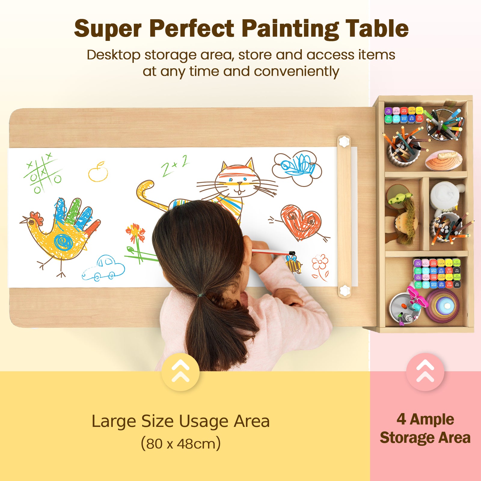 Kids Art Table and Chairs Set with Paper Roll and Storage Shelves-Colourful
