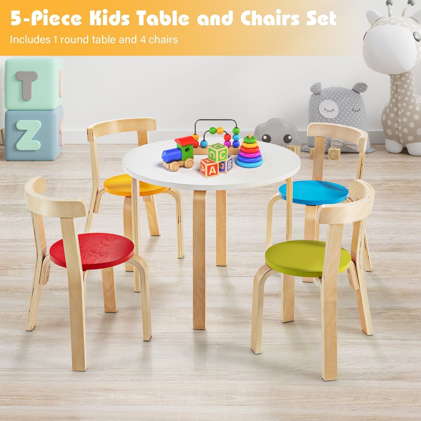 5 Pieces Kids Bentwood Curved Back Table and Chair Set-Multicolor