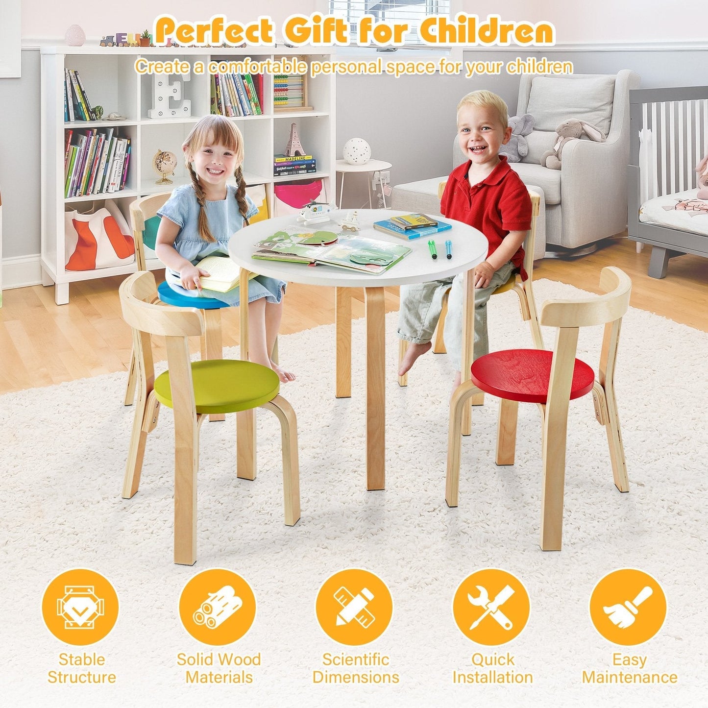 5 Pieces Kids Bentwood Curved Back Table and Chair Set-Multicolor