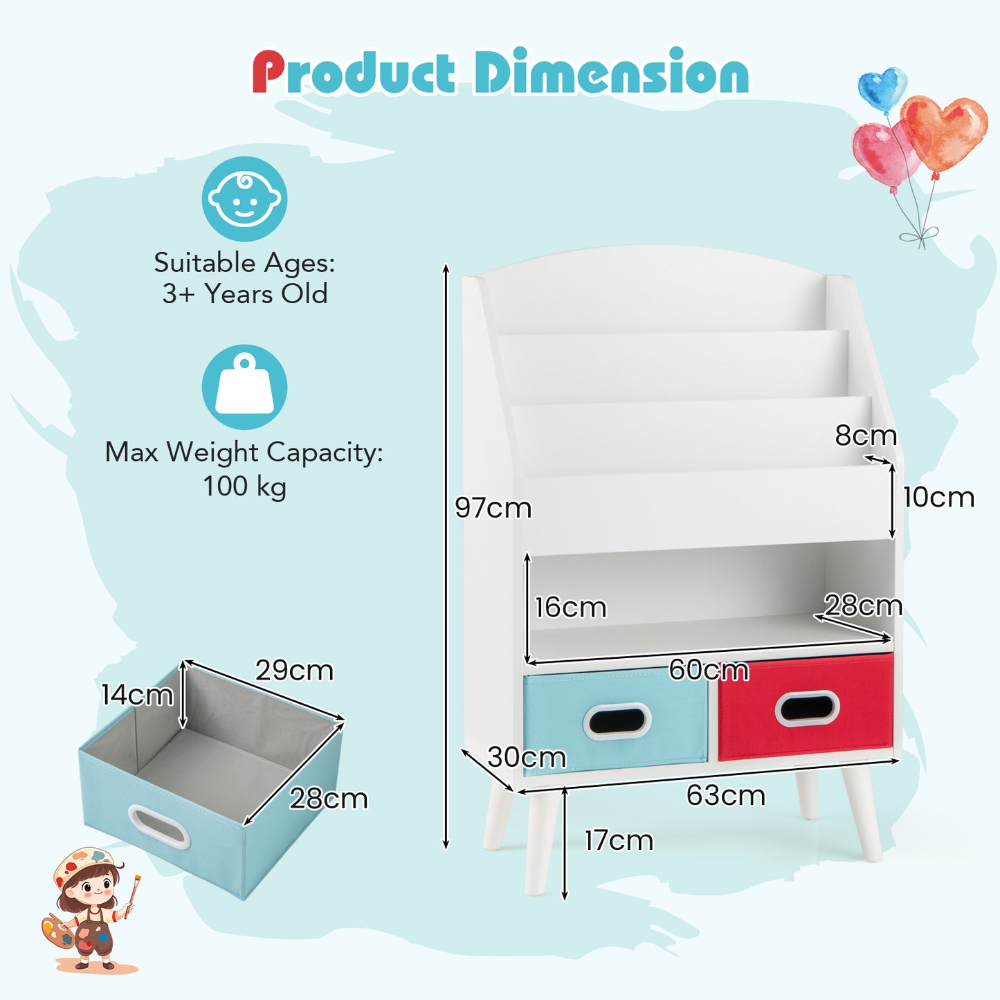 Kids Bookshelf Wooden Book Display Rack with 3-Tier Bookshelves-White