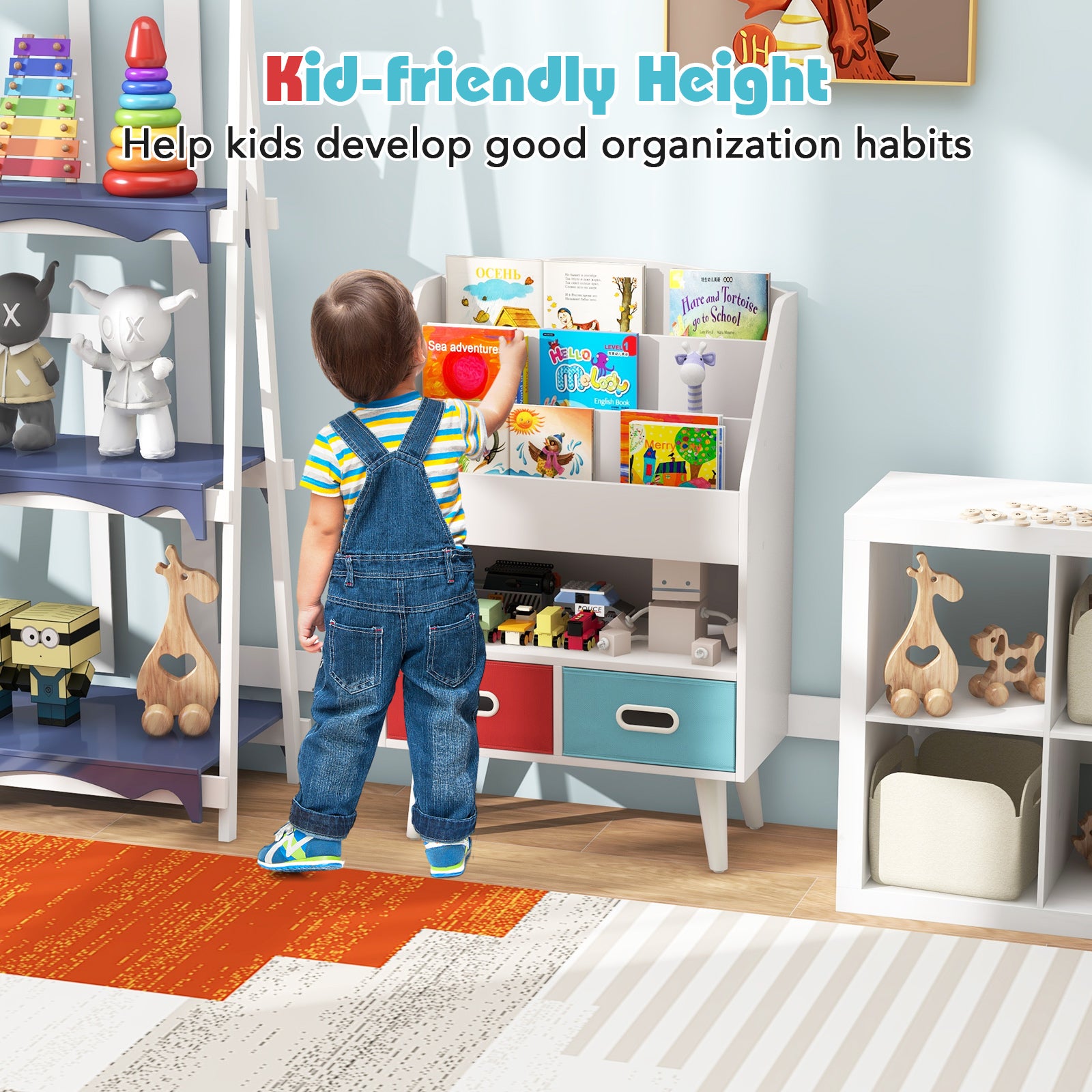 Kids Bookshelf Wooden Book Display Rack with 3-Tier Bookshelves-White