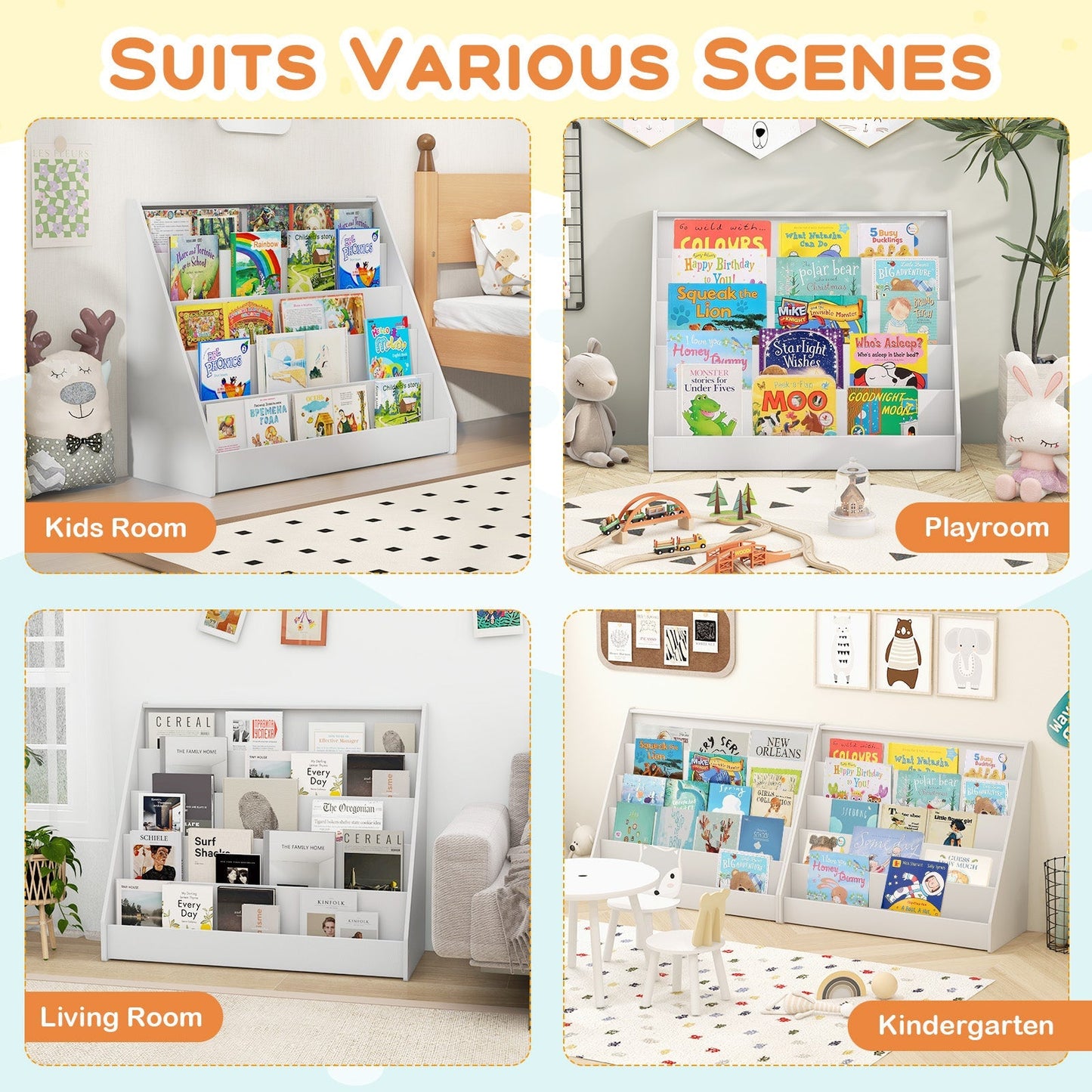 5 Tier Kids Bookshelf with Anti-Toppling Devices for Kids Room-White