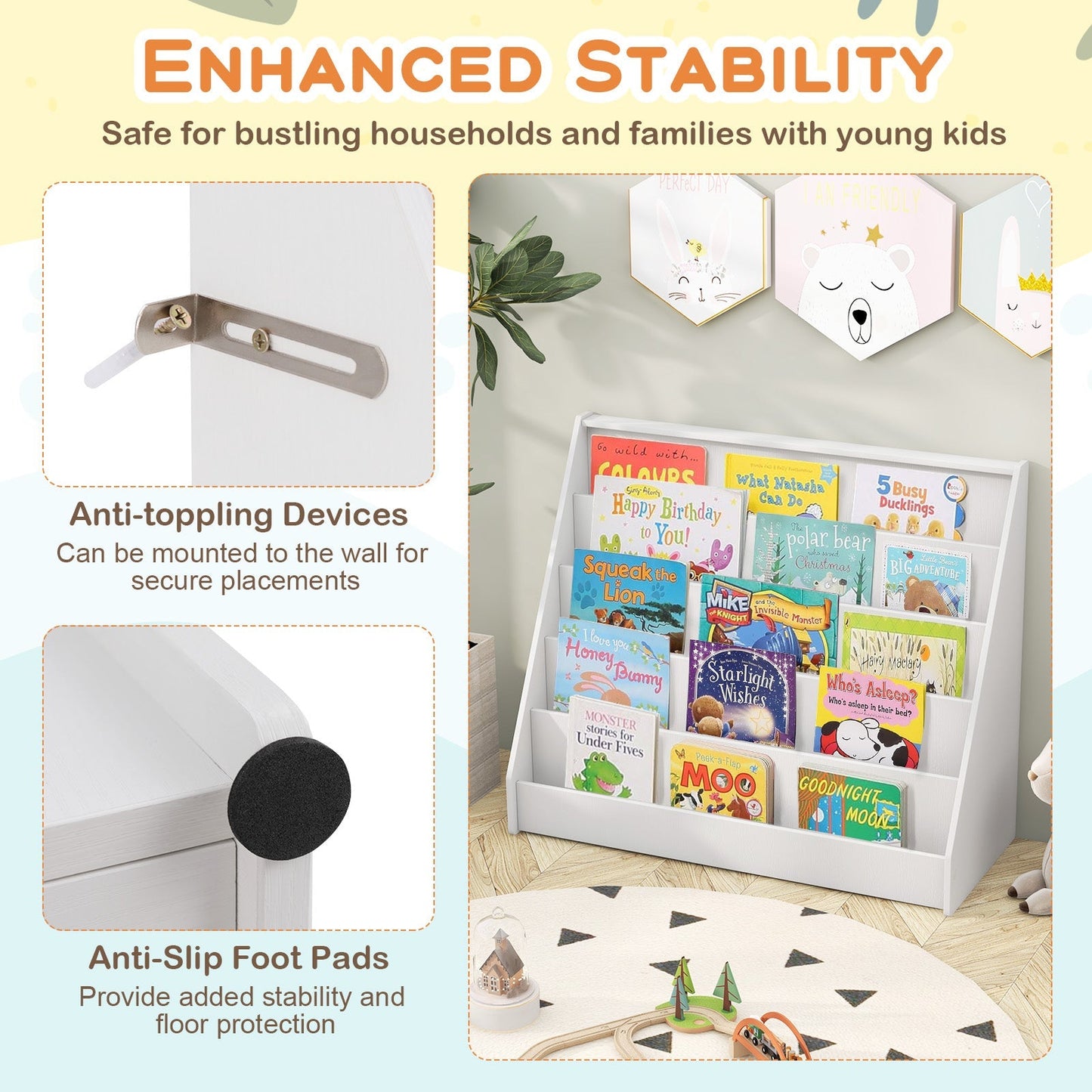 5 Tier Kids Bookshelf with Anti-Toppling Devices for Kids Room-White