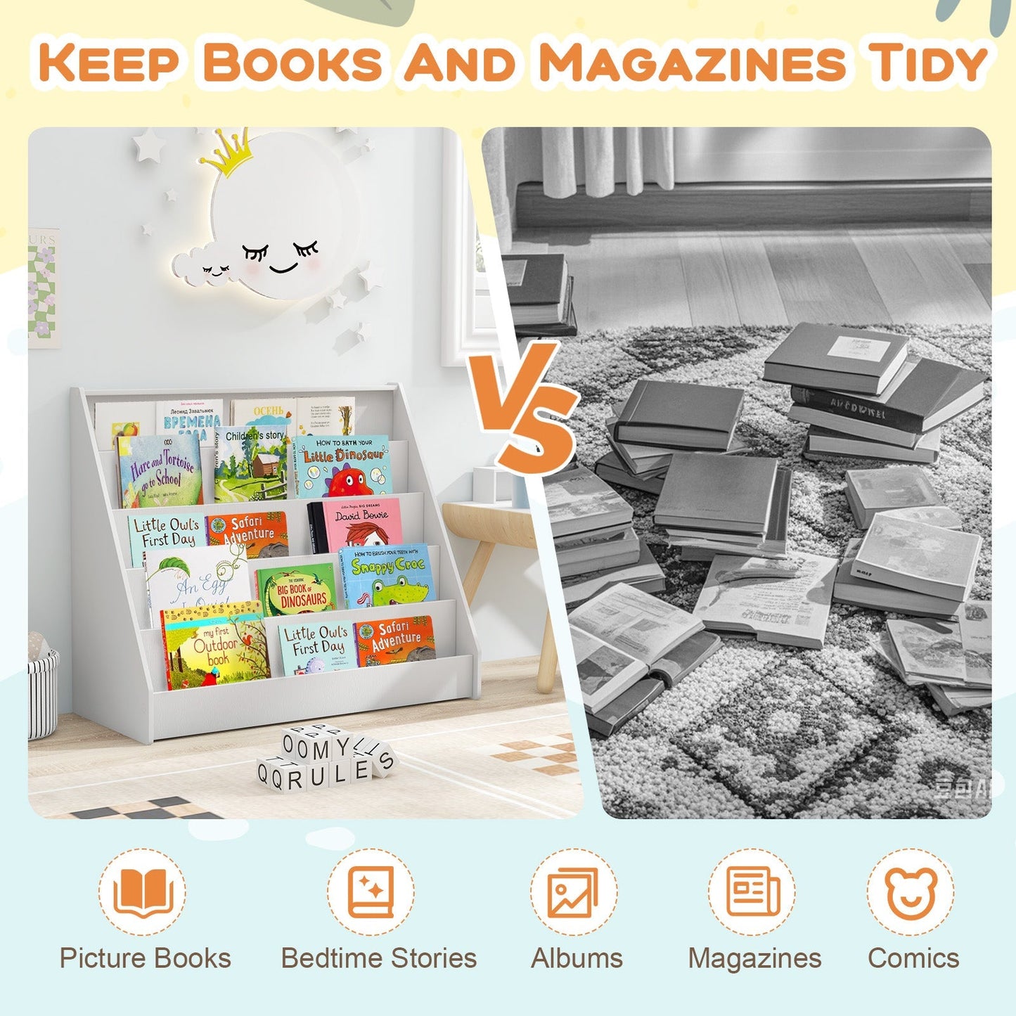 5 Tier Kids Bookshelf with Anti-Toppling Devices for Kids Room-White