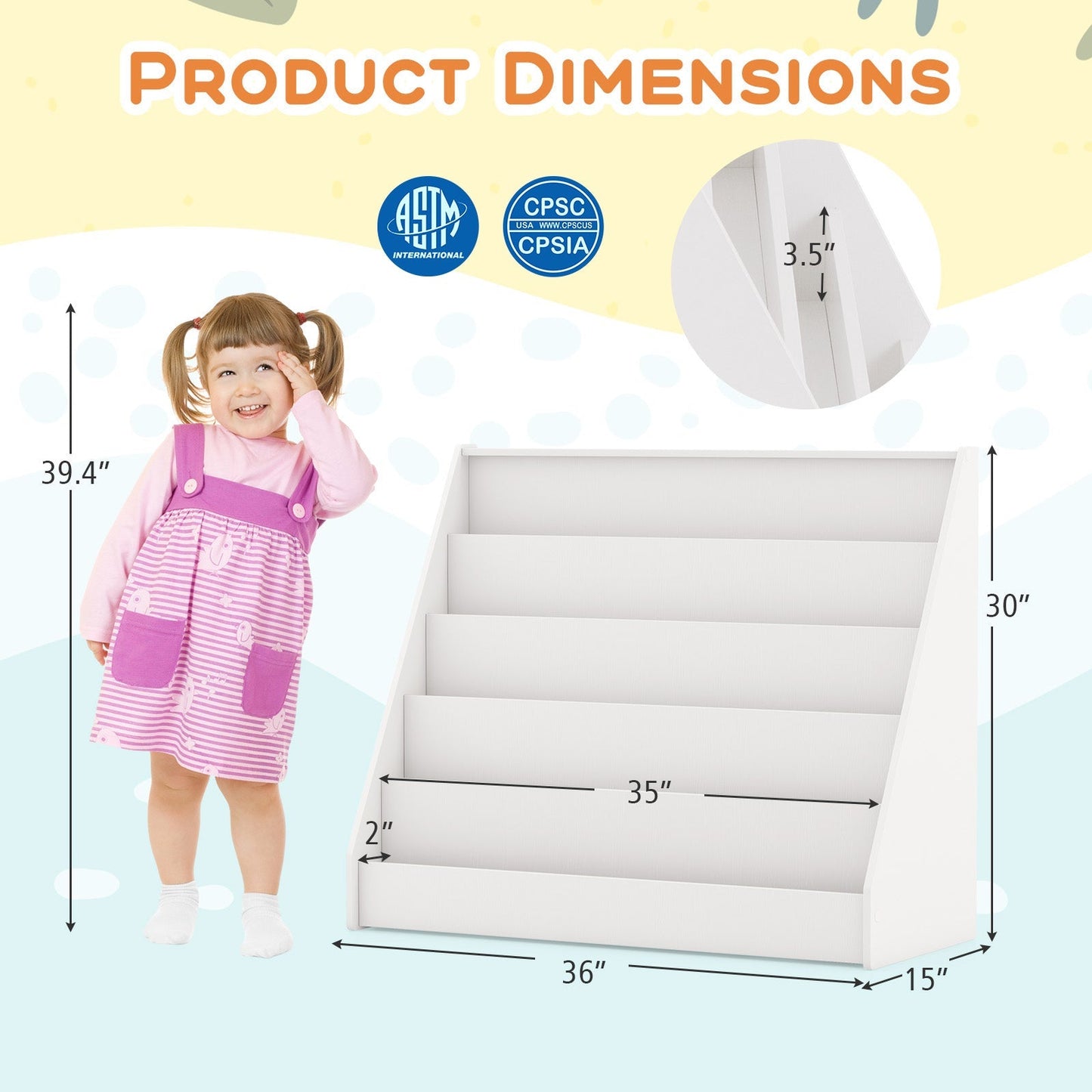 5 Tier Kids Bookshelf with Anti-Toppling Devices for Kids Room-White