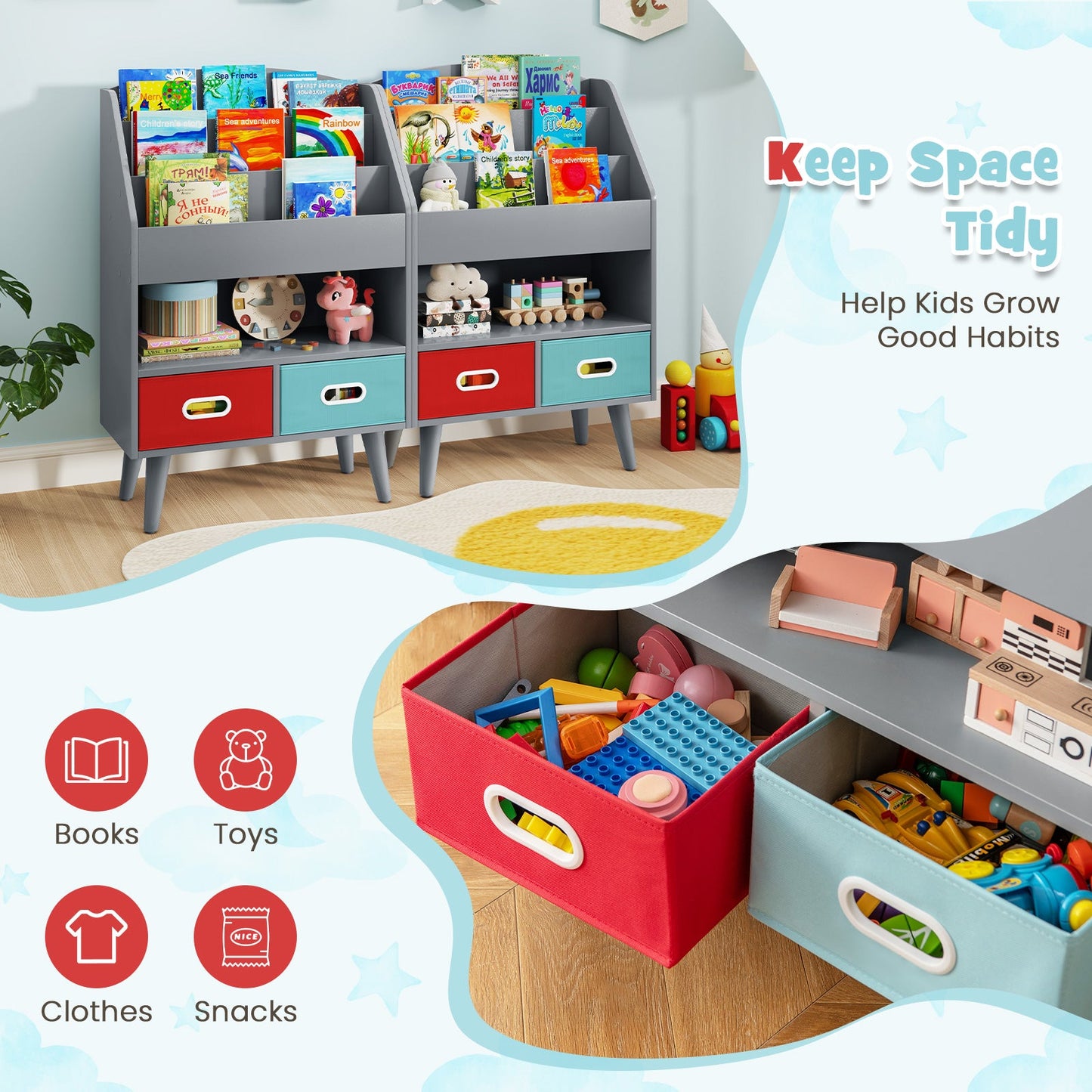 Kids Bookshelf Book Display Rack with 3-Tier Bookshelves and 2 Drawers-Grey