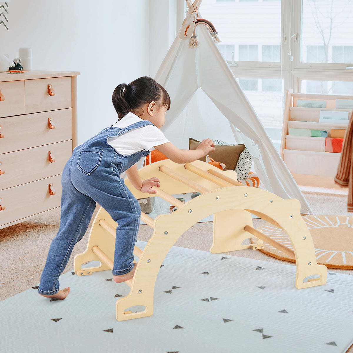 Kids Climbing Arch Sensory Table with Removable Collapsible Storage Bin and Rocker Board-S