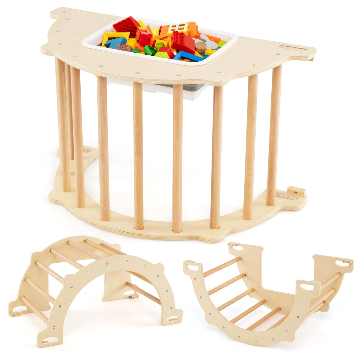 Kids Climbing Arch Sensory Table with Removable Collapsible Storage Bin and Rocker Board-S