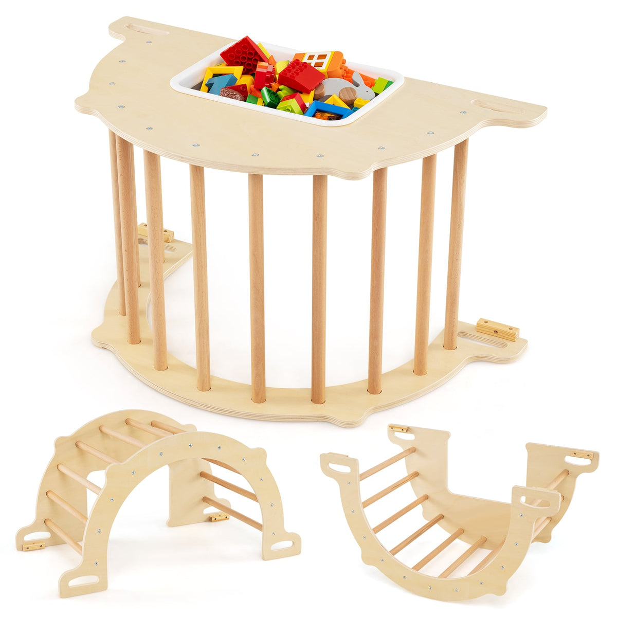 Kids Climbing Arch Sensory Table with Removable Collapsible Storage Bin and Rocker Board-M