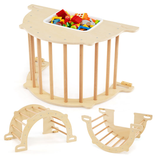 Kids Climbing Arch Sensory Table with Removable Collapsible Storage Bin and Rocker Board-M