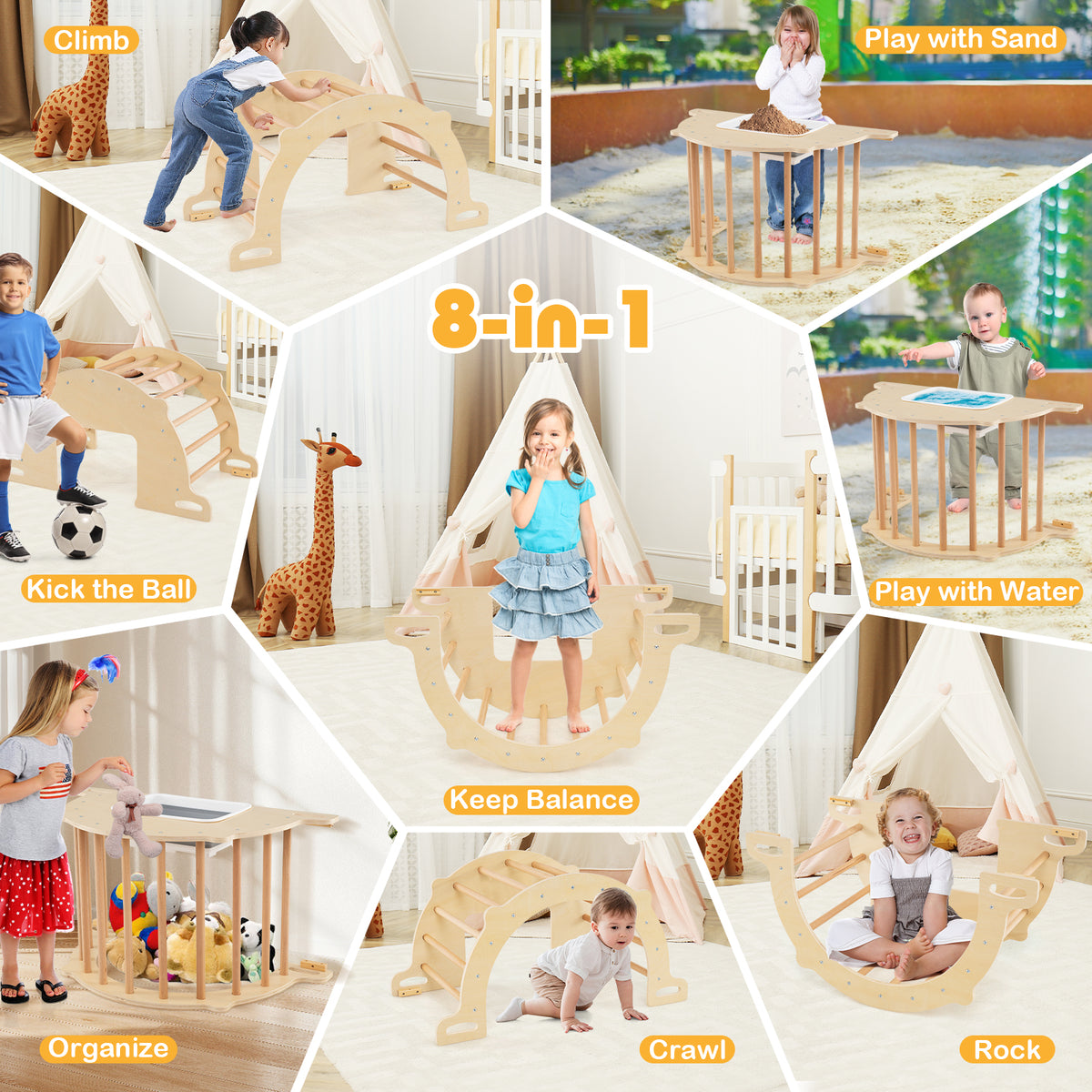 Kids Climbing Arch Sensory Table with Removable Collapsible Storage Bin and Rocker Board-M