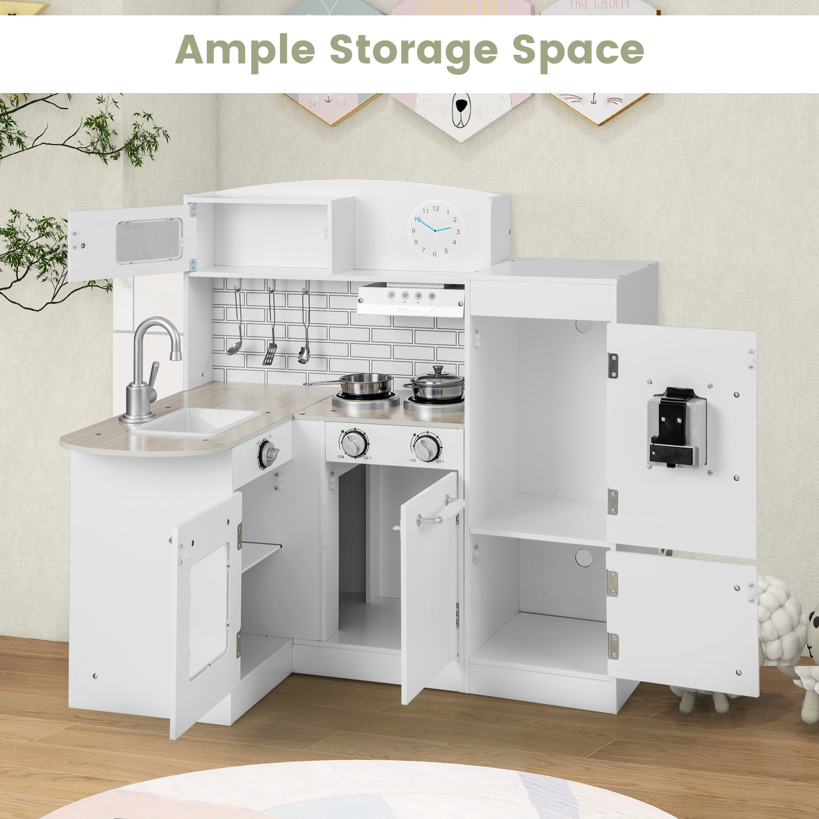 Kid's Wooden Corner Play Kitchen with Ample Accessories-White