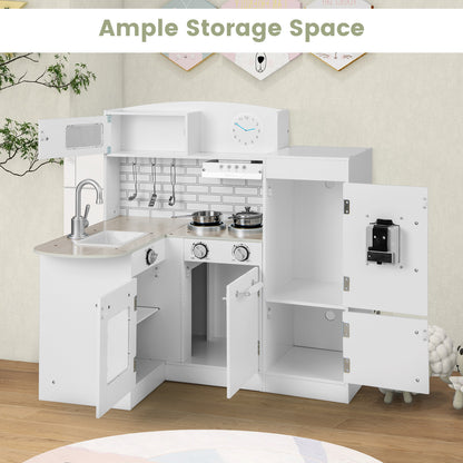 Kid's Wooden Corner Play Kitchen with Ample Accessories-White