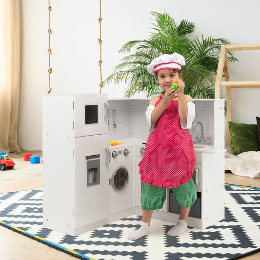 Kids Corner Play Kitchen with Apron and Chef Hat-White